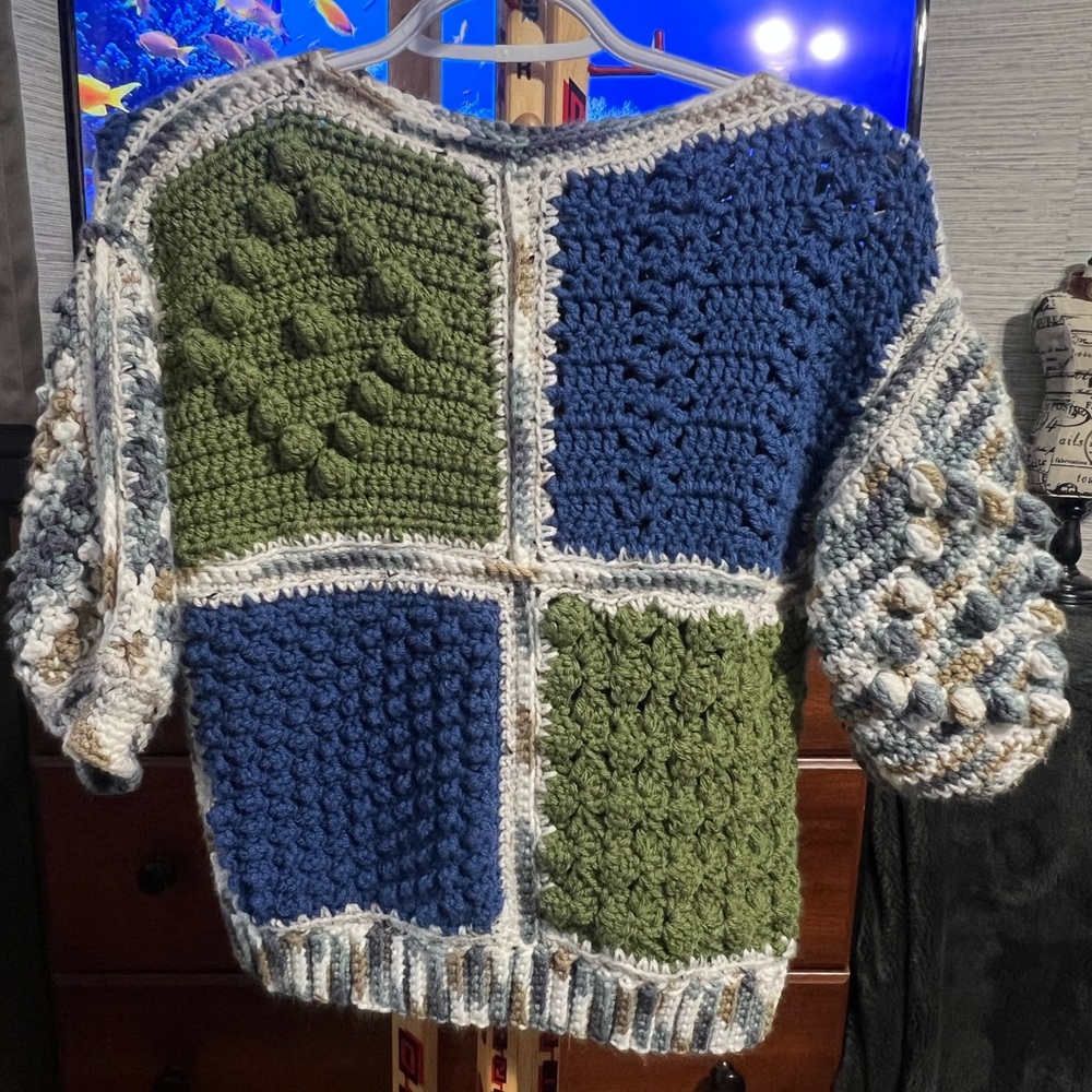 Handmade Chunky Crochet Patchwork Sweater - Blue & Green